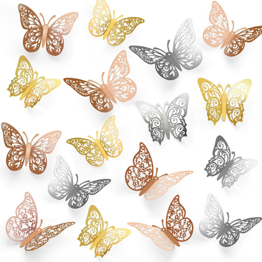 72 Pcs 3D Butterfly Decorations, Wall Decals and Stickers, Butterfly Paper Party Decorations, Birthday Decorations, Butterflies for Crafts, Cake Decorating(Rose Gold & Gold & Silver)