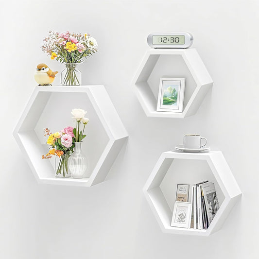 Set of 3 White Wooden Hexagon Wall Shelves - Modern Decorative Storage for Home, Kitchen, Office – Stylish Floating Shelves for Small Plants, Books, and Decor