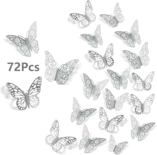 3D Butterfly Wall Stickers, 72Pcs 3 Sizes 3 Styles, Removable Metallic Wall Decals Fridge Sticker Room Mural Decoration for Kids Bedroom Nursery Classroom Party Wedding Decor DIY Gift (Sliver)