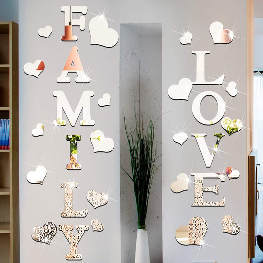 3D Family Home Sign Letter Rustic Farmhouse Mirror Wall Decor Acrylic Mirror 3D Love Stickers Hearts Shaped Removable Wall Decal for Living Room Bedroom(Silver)