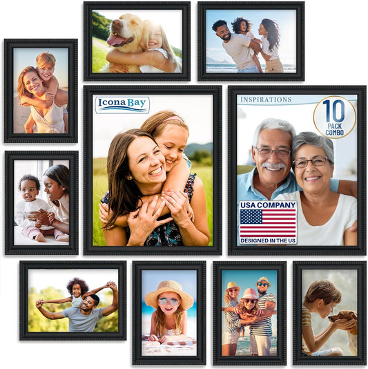 Combination Black Picture Frames Set - 10 PC (Five 4X6, Three 5X7, Two 8X10), Inspirations Collection Multi-Pack for Contemporary Wall Gallery