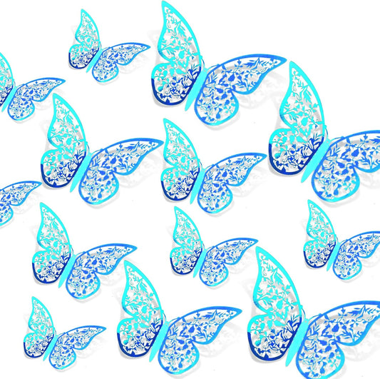 24 X 3D Butterfly Ornaments with 3 Different Sizes (Rainbow Blue)