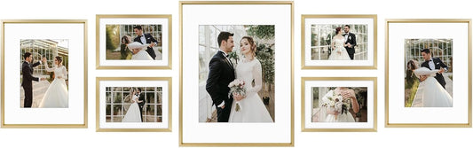 , Picture Frame Set 7 Pack, Gallery Wall Frame with One 11X14, Two 8X10, and Four 5X7. Aluminum Photos Frame for Wall or Tabletop Display (Style 1, Gold, 7 Pack)